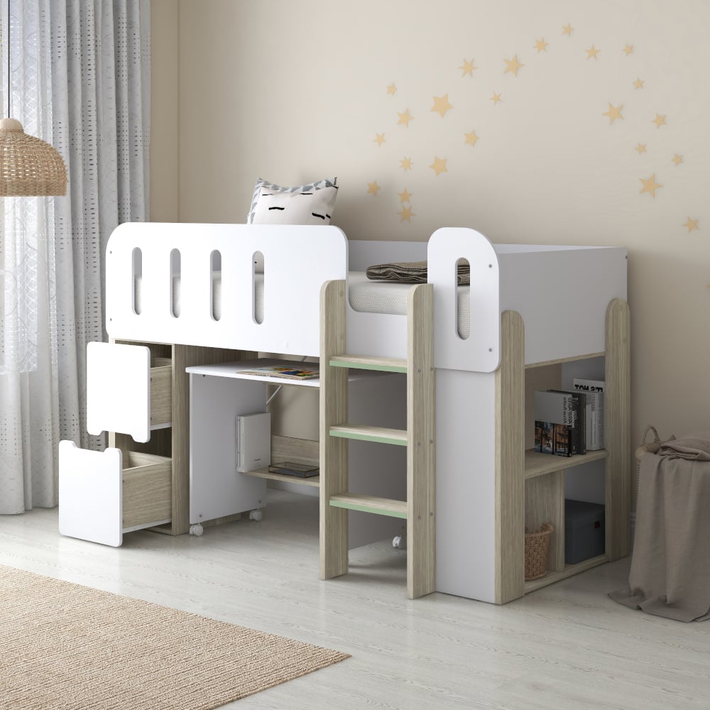 Amelia White and Pale Wood Mid Sleeper Bed