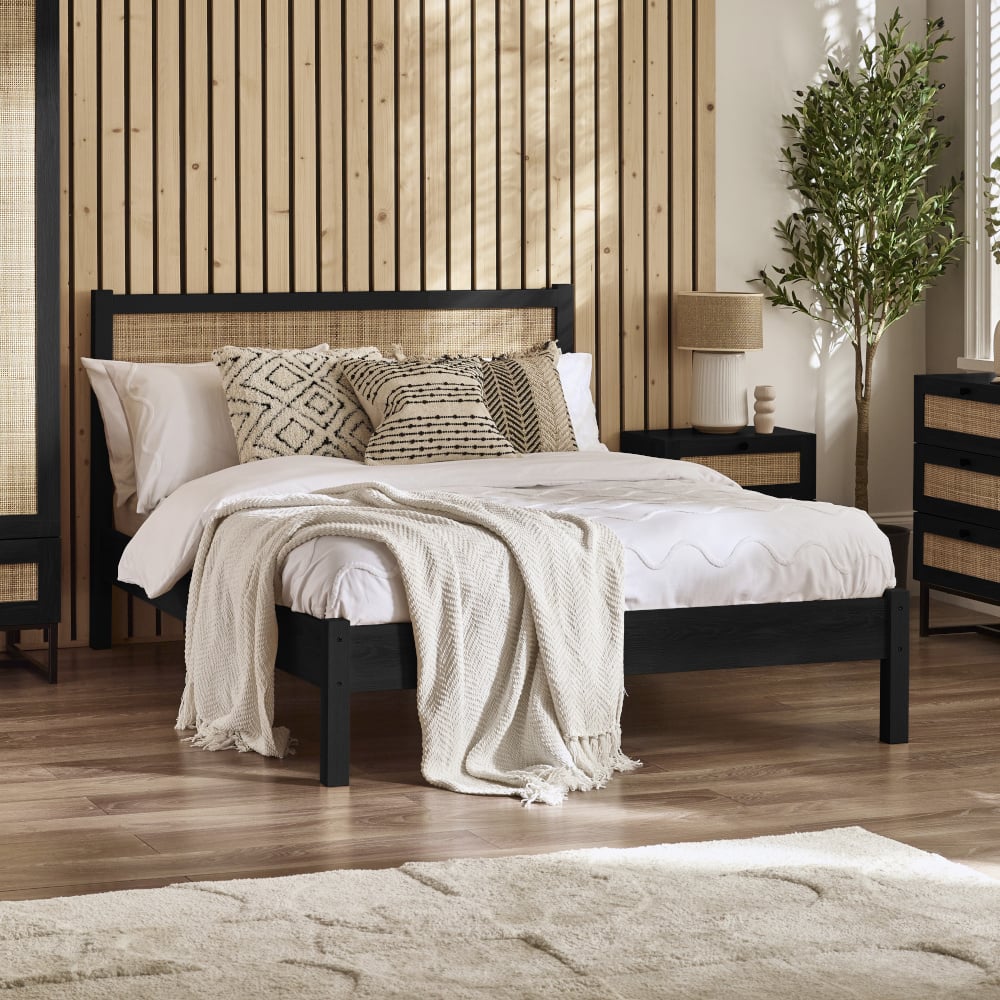 Padstow Black Rattan Wooden Bed