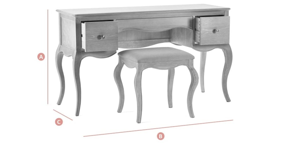 Happy Beds Camille Oak 2DR Dressing Table & Stool Sketch Dimensions