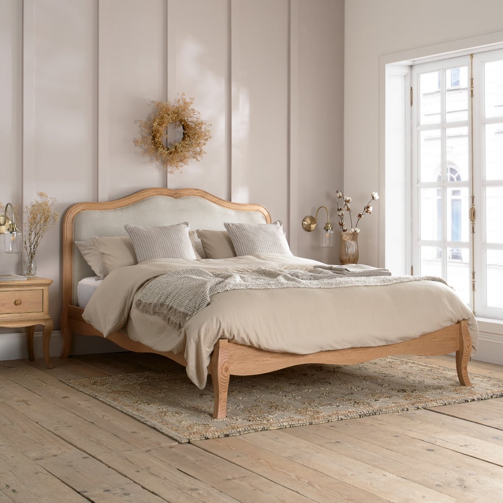 Alana Oak and Pale Grey Wooden and Fabric Headboard Bed