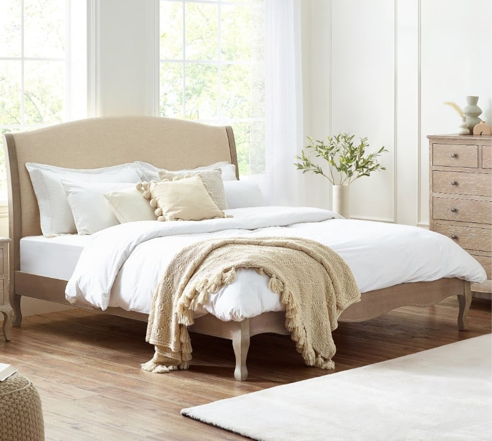 Camille Oatmeal Fabric And Oak Wooden Bed Full Shot