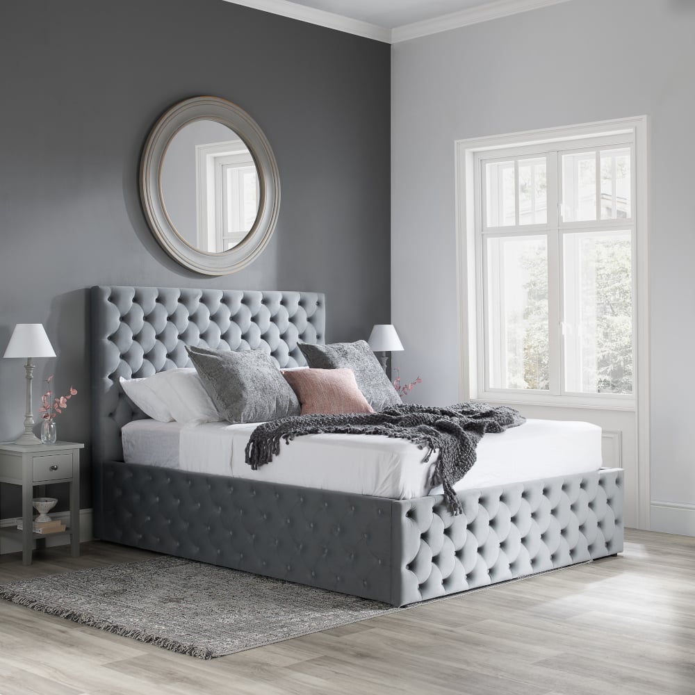 Kingston Grey Velvet Fabric Ottoman Storage Bed