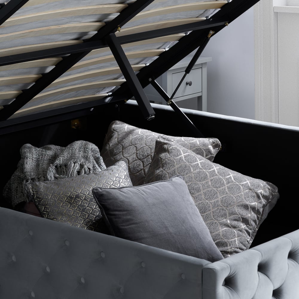 Kingston Grey Velvet Fabric Ottoman Storage Bed