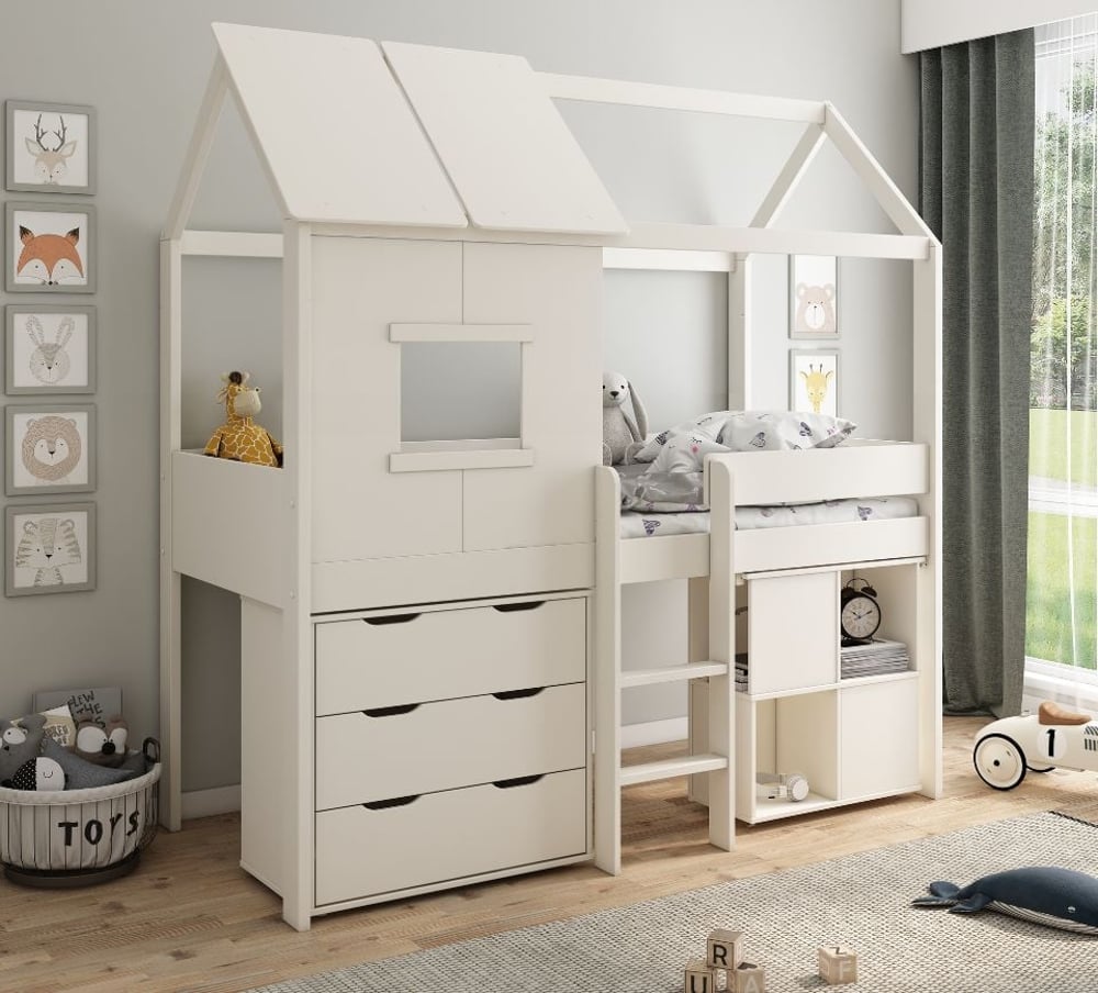 Midi White Wooden Playhouse Kids Bed with Desk and Chest