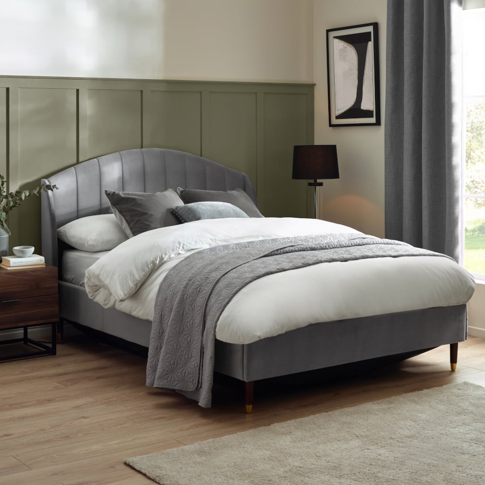 Sandy Grey Velvet Ottoman Bed Full Image