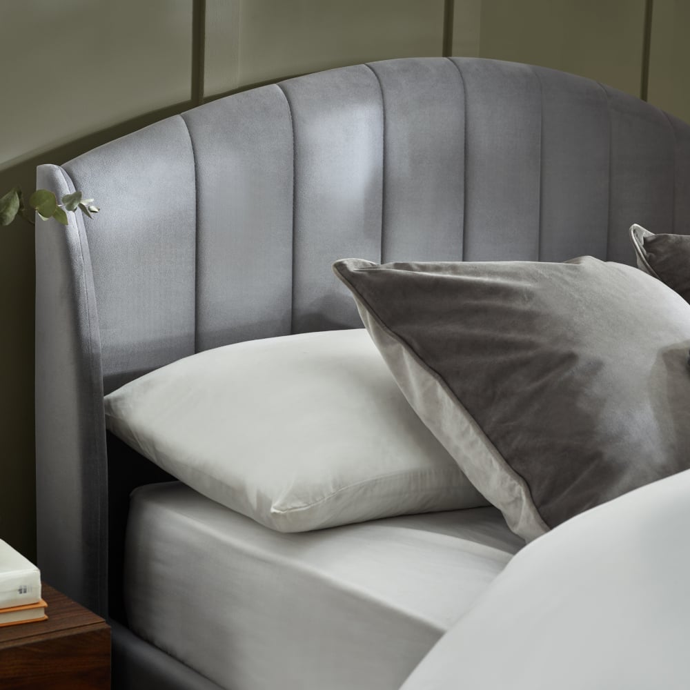 Sandy Grey Velvet Ottoman Bed Storage Close Up