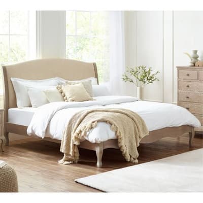 Camille Oatmeal Fabric and Oak Wooden Bed