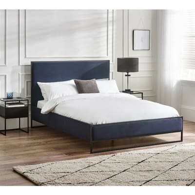 Cooper Navy Blue Velvet and Black Metal Bed