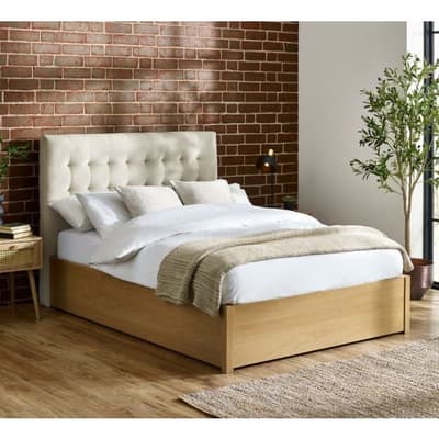 Jackson Oak and Natural Velvet and Wooden Ottoman Storage Bed