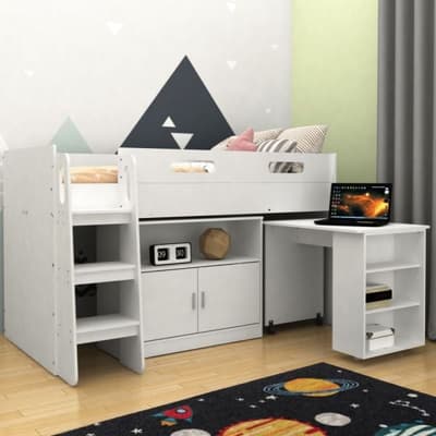 Kudl White Mid Sleeper with Desk and Cupboard