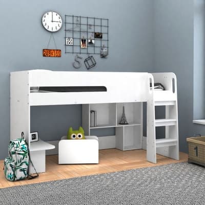 Kudl White Mid Sleeper & Desk, Bookcase & Toybox