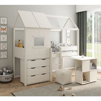 Midi White Wooden Playhouse Kids Bed with Desk and Chest