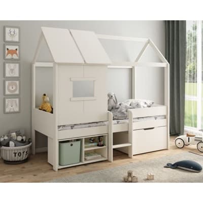 Mini White Wooden Storage Playhouse Kids Bed