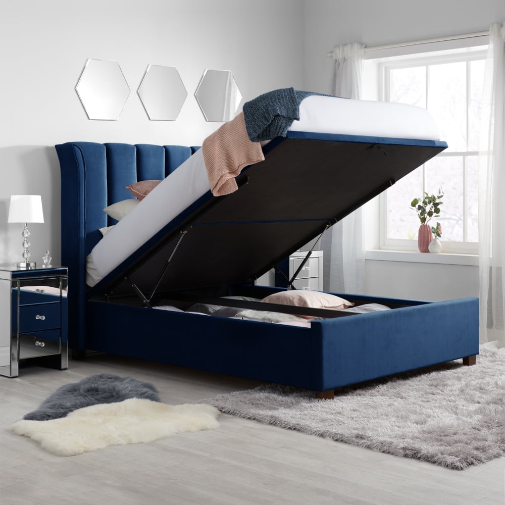 Fenton Midnight Blue Velvet Ottoman Bed | Happy Beds