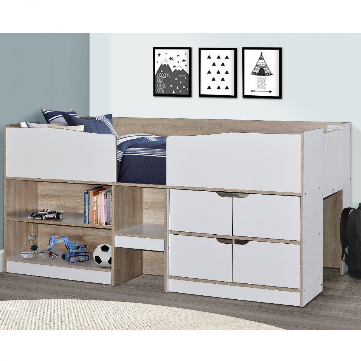 Merlin White And Oak Wooden Mid Sleeper Cabin Storage Bed